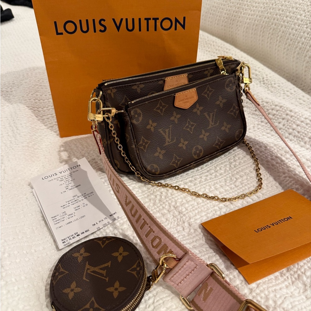 Louis Vuitton Brown Monogram Multi Pochette Crossbody Bag with Pink Strap
